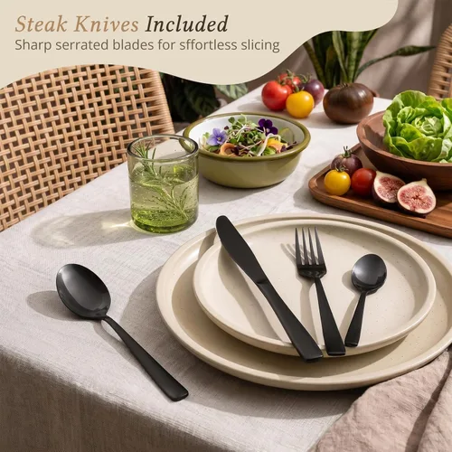 Vista 5 de Hiware Juego de cubiertos negros de 48 piezas para cubiertos de acero inoxidable 18/10 con tenedores, cuchillos, cucharas, cuchillos para carne