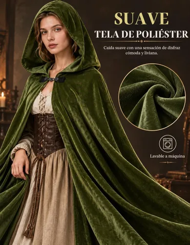 Vista 5 de JPXH Capa medieval con capucha renacentista para hombres y mujeres, disfraz de Halloween Verde