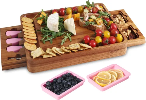 Vista 9 de hecef Juego grande de tabla de embutidos rosa con cuchillos de queso de acero inoxidable, juego de tabla de queso, bandeja de aperitivos de madera