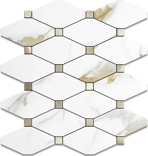 Vista 18 de STICKGOO 1 hoja de salpicaduras de pared para despegar y pegar, adhesivos de azulejos compuestos de aluminio Calacatta, salpicaduras autoadhesivas