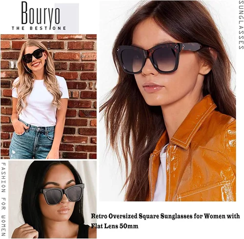 Vista 9 de Bouryo Gafas de sol cuadradas retro de gran tamaño para mujer, lentes planas, lentes degradadas, UV400
