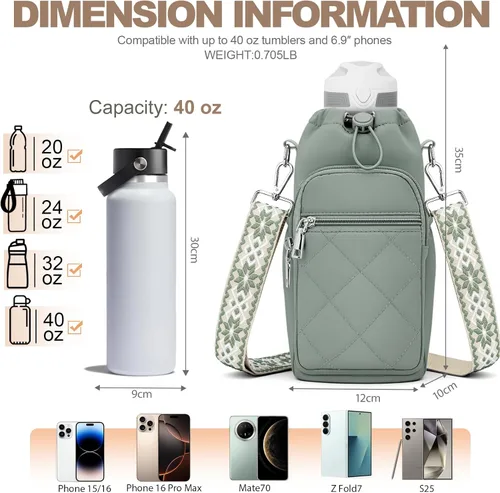 Vista 6 de SYTRAH Bolsa para botella de agua con correa, bolsa para botella de agua con bolsillo para teléfono de 40 onzas para caminar y senderismo