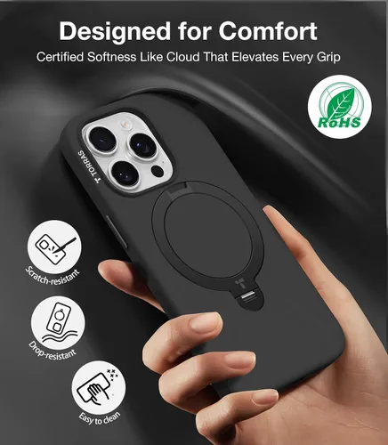 Vista 5 de TORRAS Funda de silicona líquida para iPhone 16 Pro con anillo magnético giratorio de 360 grados y control de cámara, compatible con MagSafe, Funda