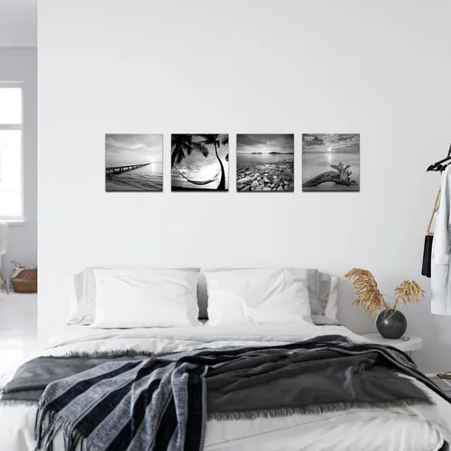 Vista 3 de sechars - Arte de pared de playa en blanco y negro, pintura de paisaje marino, paisaje de amanecer, imagen giclée, lienzo enmarcado para sala