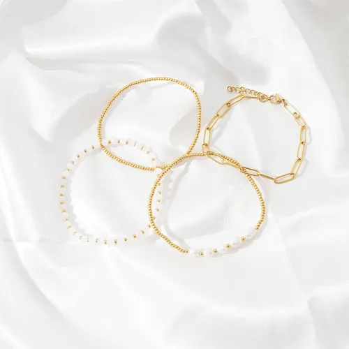 Vista 3 de Delicado juego de pulseras de perlas chapadas en oro de 14 quilates con cuentas de perlas chapadas en oro de 14 quilates, pulseras apilables
