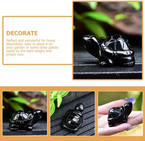 Vista 6 de HOMSFOU Estatua de tortuga de cristal, figura de tortuga de obsidiana negra, escultura natural tallada a mano, escultura de animal coleccionable