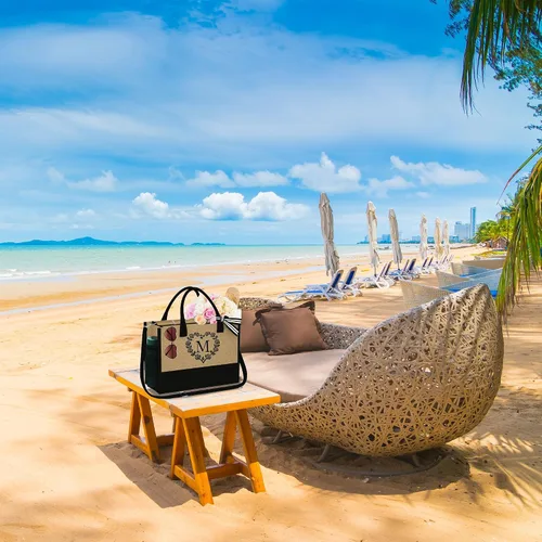 Vista 7 de YOOLIFE Bolsa de yute con inicial para mujer, bolsa de playa con cremallera, correa ajustable, regalos de dama de honor, regalos de cumpleaños