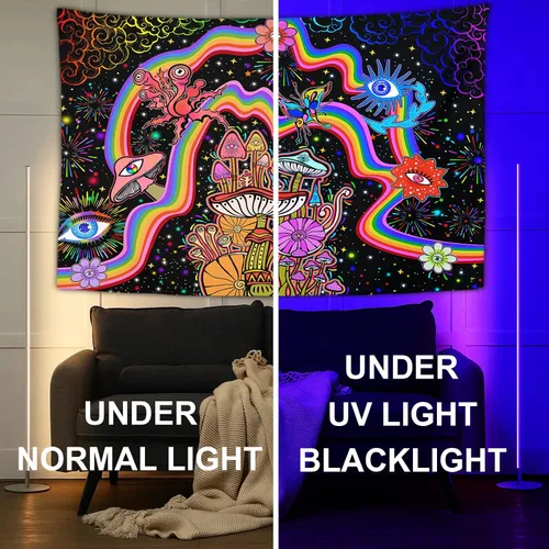Vista 5 de NiYoung Tapiz Trippy para colgar en la pared, luz negra, arco iris, flores coloridas, ojos, estrellas, plantas mágicas, neón reactivo a los rayos