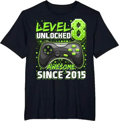 Vista 70 de Level 8 Unlocked Awesome 2015 Video Game 8th Birthday Boy T-Shirt, Negro