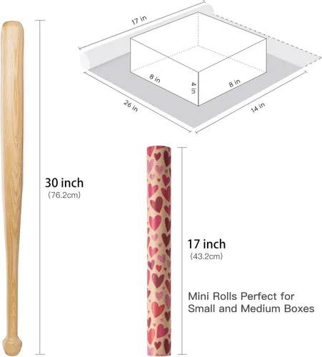 Vista 7 de RUSPEPA Rollo de papel kraft para regalo del día de San Valentín, mini rollo, diseño de corazón rojo y rosa, papel de regalo romántico para el día