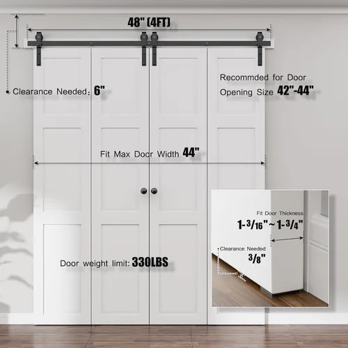 Vista 2 de Kit de herrajes para puertas correderas de granero de 48 pulgadas, kit de rodillos de alta resistencia de 4 pies para puertas de 11 pulgadas x 4
