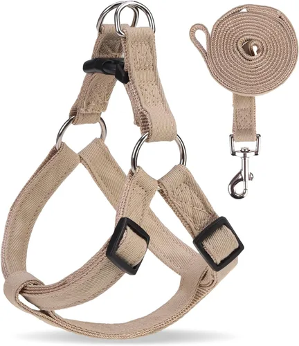 Vista 19 de Juego de arnés para perro con correa y collar de corbatín - Arnés para cachorro a cuadros beige, a prueba de escape, chaleco ajustable sin tirones