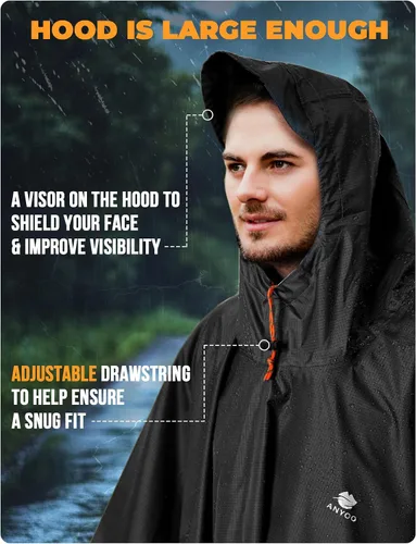 Vista 5 de ANYOO Poncho de lluvia con capucha para adultos impermeable ligero abrigo de lluvia para hombres mujeres chaqueta de lluvia reutilizable para negro
