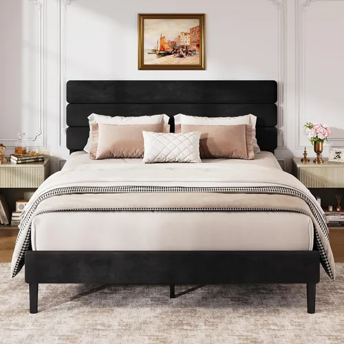 Vista 8 de WLIVE Base de cama tapizada, marcos de cama individual con cabecero, cama de plataforma con listones de madera, base de colchón de 600 libras,