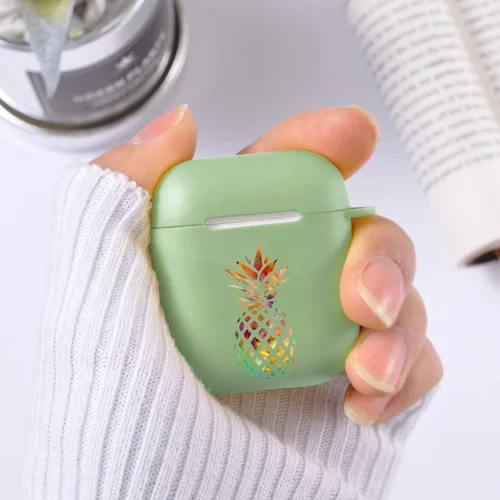 Vista 5 de Funda verde para AirPod 1 y 2 con llavero mosquetón + bolsa de almacenamiento, pintura colorida piña funda inalámbrica para auriculares inalámbricos
