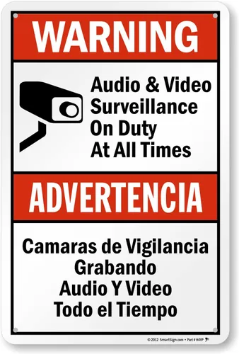 Vista 10 de SmartSign Paquete de 2 señales "Advertencia: Vigilancia de Audio y Video en Servicio en Todo Momento" Bilingüe - 7" x 10", Aluminio Metalizado