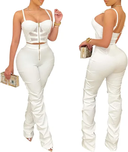 Vista 3 de Zoctuo - Overol sexy para mujer, sin mangas, con cuello halter, para fiesta, club, conjunto de 2 piezas, tiro alto, pantalones huecos