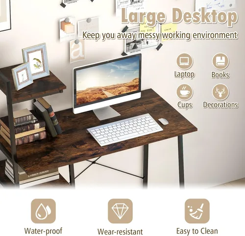 Vista 5 de COSTWAY Escritorio para computadora con estantes de almacenamiento de 4 niveles, mesa de escritorio de oficina en casa con marco resistente