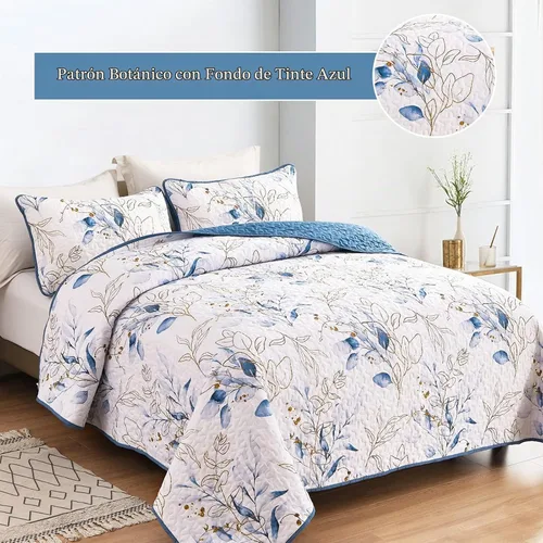 Vista 3 de Anibedding Juego de edredón botánico tamaño Full, 3 piezas reversible, elegante patrón de hojas azules, cubrecama colcha de microfibra suave