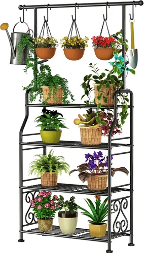 Vista 10 de GIOTORENT Soporte para plantas de interior, estante de metal resistente de 3 niveles para patio e interior, soporte alto para plantas que sostiene