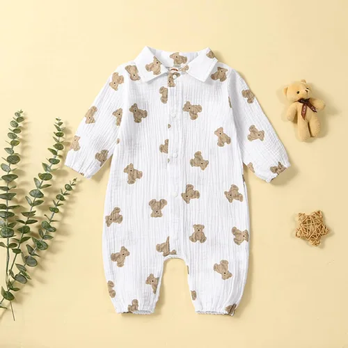 Vista 2 de YINGISFITM Mameluco de manga larga con estampado de oso para recién nacido, ropa de otoño de algodón y lino