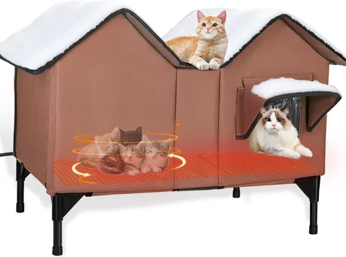 Vista 14 de Casa climatizada para gatos en invierno exterior, casa para gatos climatizada extra grande, resistente a la intemperie, cama elevada, puerta