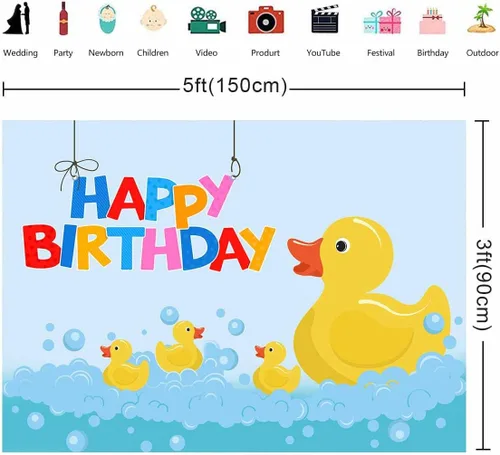 Vista 2 de Fondo de fotografía de fiesta de cumpleaños de pato de pato amarillo, 5 x 3 pies, diseño de pato feliz de dibujos animados para niños, fiesta