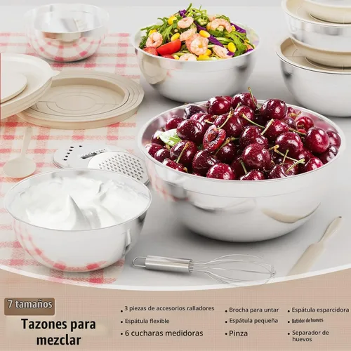 Vista 8 de Juego de tazones para mezclar de acero inoxidable con tapas y 3 accesorios Caqui