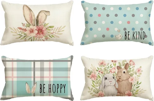 Vista 13 de AVOIN colorlife Juego de 4 fundas de cojín de Pascua con diseño de búfalo y flor de conejo de Pascua Be Hoppy Bule, 18 x 18 pulgadas, diseño