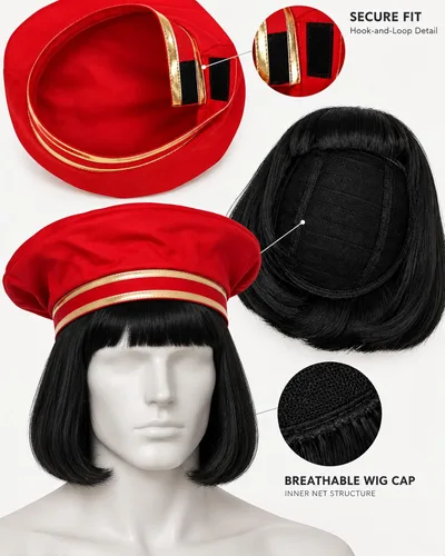 Vista 5 de Peluca negra unisex con sombrero, peluca corta y recta para hombres Negro