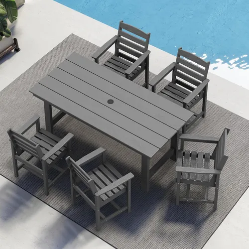 Vista 9 de SERWALL Juego de Mesa de Comedor de HDPE para Exteriores, Juego de 7 Piezas de Mesa de Comedor al Aire Libre con Mesa con Corte para Agujero de Gris