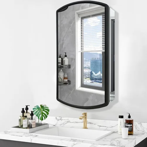 Vista 5 de Arqueado 16 pulgadas de ancho x 26 pulgadas de alto gabinete de aluminio de una sola puerta para baño con espejo, empotrado o montaje en superficie