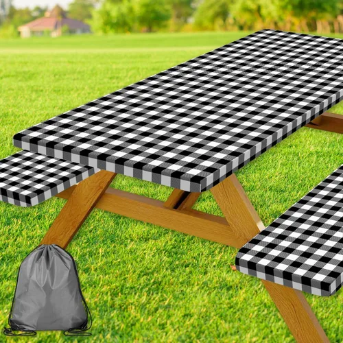 Vista 17 de Funda para Mesa de Picnic con Fundas para Bancos y Bolsa, Campista de Madera Impermeable Resistente al Viento, Cubierta de Mantel Ajustada con Borde