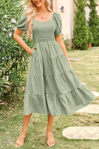 Vista 4 de PRETTYGARDEN Vestido midi casual de verano para mujer, manga abombada, lunares suizos, vestidos largos acampanados