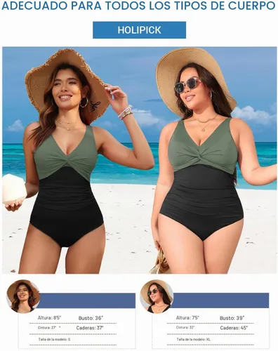 Vista 6 de Traje de baño de una pieza con control de abdomen para mujer Verde y negro