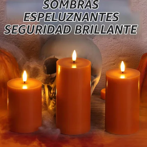Vista 5 de Juego de 3 velas de pilar sin llama con control remoto, color naranja
