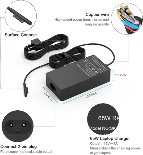 Vista 2 de Compatible con Microsoft Surface Charger, 65W Surface Pro Charger, compatible con Surface Pro 11,9,8,7,6,5,4,3,X Surface Laptop 7,6,5,4,3,2,1 Black6