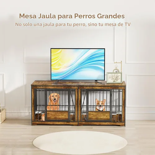 Vista 6 de Jaula doble para perros de 61'', mueble para 2 perros, soporte de TV con jaula para perros con divisor ajustable, mueble de jaula doble para perros