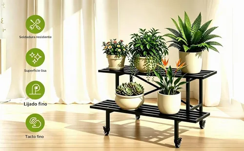 Vista 6 de Zhongma - Soporte de planta de metal resistente de 2 niveles con ruedas