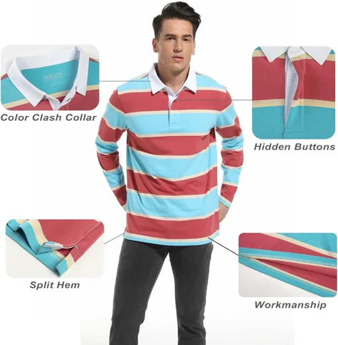 Vista 3 de VANLYTK Polo para hombre de manga larga que absorbe la humedad, cuello a rayas, para golf y rugby
