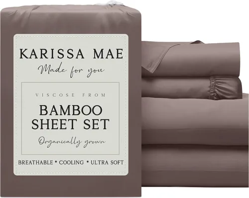 Vista 25 de KARISSA MAE Juego de sábanas de viscosa de bambú de lujo, 100% certificado FSC, refrescante, lujosamente suave, bolsillos profundos de 18 pulgadas