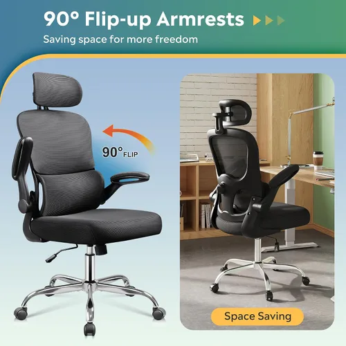 Vista 7 de DEVAISE Silla de escritorio ergonómica de malla, soporte lumbar ajustable separado, cojín grande, reposabrazos abatibles, inclinación oscilante