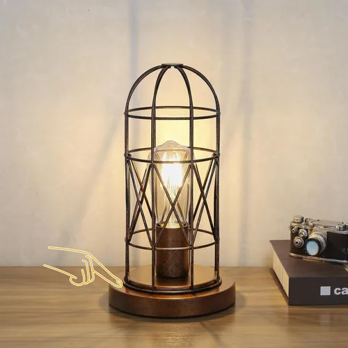Vista 9 de Pequeña Lámpara Industrial, Lámpara de Mesa de Control Táctil Regulable de 3 Vías, Lámpara Edison Steampunk de Hierro Rústico Vintage, Lámpara