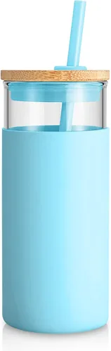 Vista 35 de Tronco Vaso de vidrio de 20 onzas con tapa y popote, taza de café helado y vaso para batido con tapas de bambú y funda protectora de silicona, apto