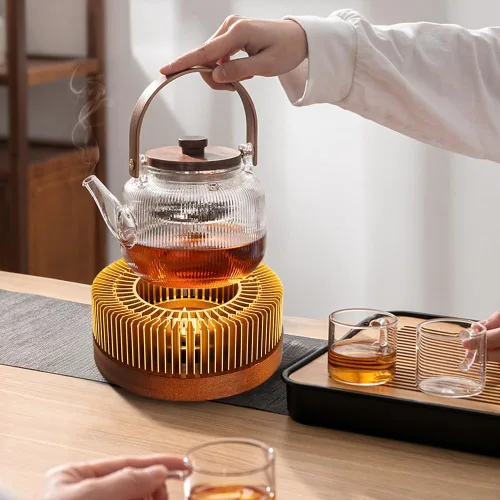 Vista 5 de Calderín de tetera, calentador de té de aluminio con base de madera, calentador de vela para calentar té, café, leche, alimentos, camping y viajes