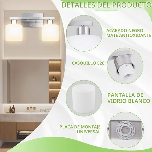 Vista 3 de CANMEIJIA - Lámparas de tocador de baño de 2 luces, níquel cepillado