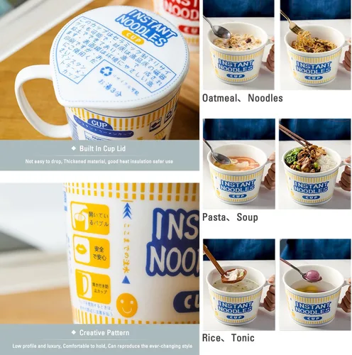 Vista 6 de Cuenco de fideos instantáneos de cerámica con tapa, taza creativa para sopa de ramen, cuenco para almuerzo para estudiantes (color azul, tamaño: S)