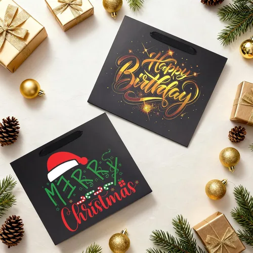 Vista 7 de Ohuimrt 6 bolsas grandes de regalo negras con asas, 12.5 x 4.5 x 11 pulgadas, bolsas de papel negro mate de alta calidad para fiestas, compras