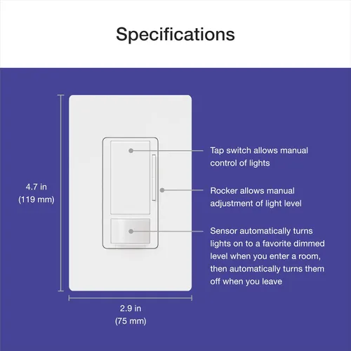 Vista 12 de Lutron Maestro Interruptor de luz con sensor de movimiento y placa de pared para baño, garaje, lavandería, cualquier bombilla, sensor de ocupación