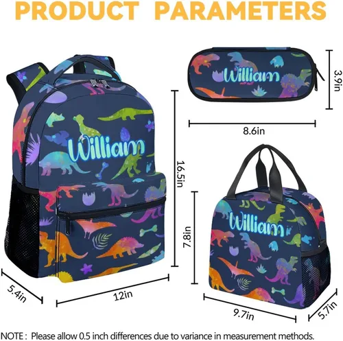 Vista 4 de Mochila de dinosaurio personalizada con lonchera para niños y niñas, juego personalizado de 3 mochilas escolares a juego, bonita bolsa colorida